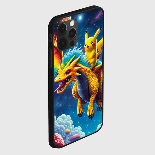 Чехол iPhone 12 Pro Pikachu on a fabulous dragon - neon glow / 3D-Черный – фото 2