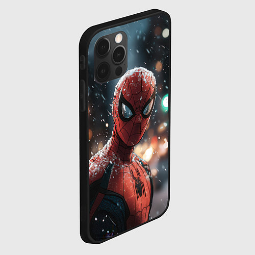 Чехол iPhone 12 Pro Spider man на фоне снегопада / 3D-Черный – фото 2