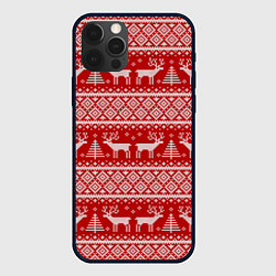 Чехол для iPhone 12 Pro Вязаный новогодний орнамент с оленями и ёлками, цвет: 3D-черный
