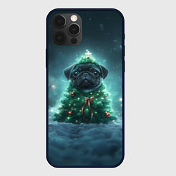 Чехол для iPhone 12 Pro Черный мопс - елка, цвет: 3D-черный