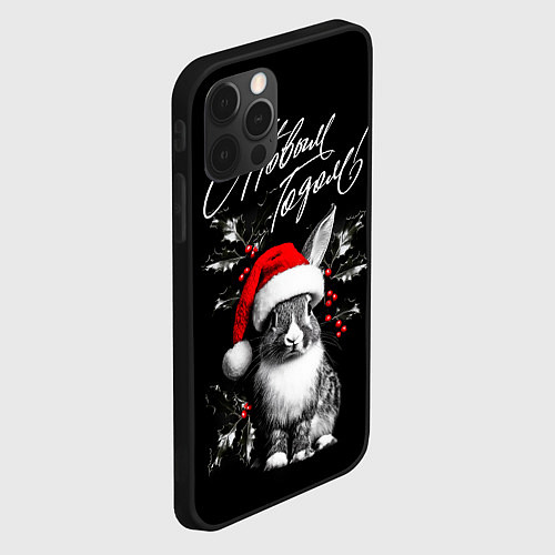 Чехол iPhone 12 Pro Милый кролик в шапке Деда Мороза / 3D-Черный – фото 2
