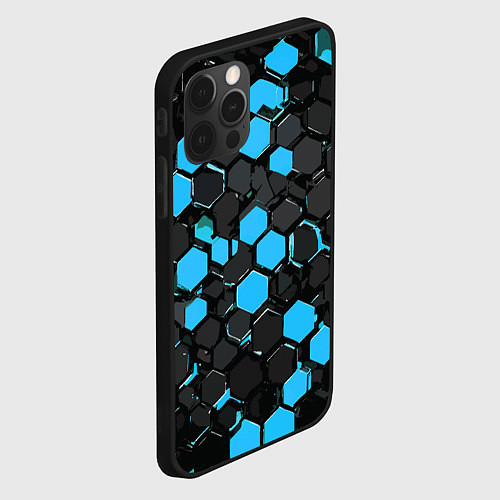 Чехол iPhone 12 Pro Сине-серые шестиугольники на чёрном фоне / 3D-Черный – фото 2