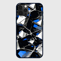 Чехол для iPhone 12 Pro Сине-белый паттерн на чёрном фоне, цвет: 3D-черный