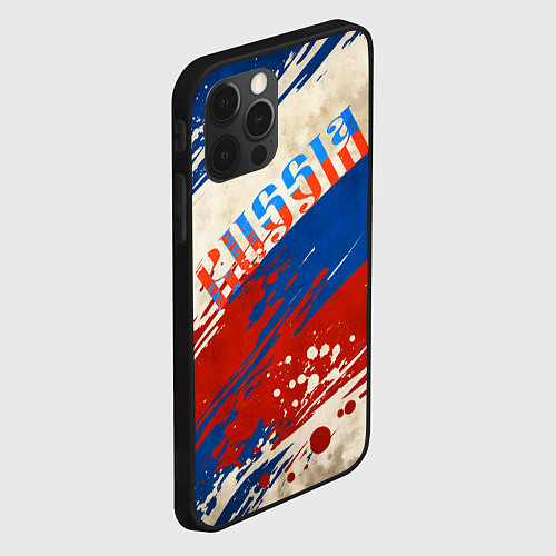 Чехол iPhone 12 Pro Надпись Россия на фоне цветов флага / 3D-Черный – фото 2