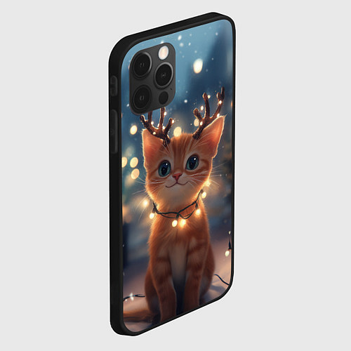 Чехол iPhone 12 Pro Котенок с новогодними рожками / 3D-Черный – фото 2