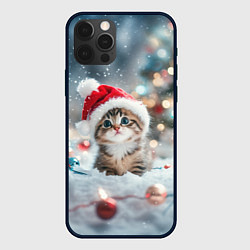 Чехол для iPhone 12 Pro Маленький котенок и елочные игрушки, цвет: 3D-черный