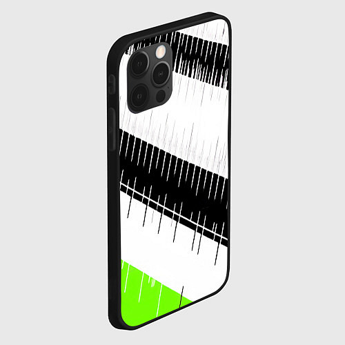 Чехол iPhone 12 Pro Диагональные чёрно-белые полосы на зелёном фоне / 3D-Черный – фото 2