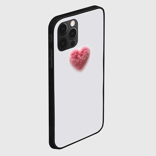 Чехол iPhone 12 Pro Розовое объемное сердце из меха на сером фоне / 3D-Черный – фото 2