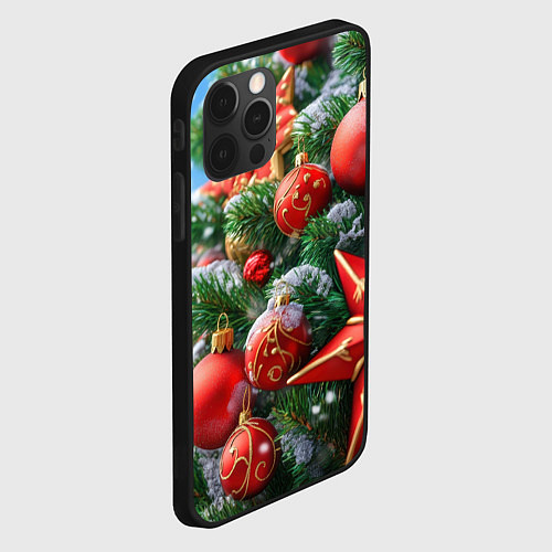 Чехол iPhone 12 Pro Красные шары и звезда новогодняя / 3D-Черный – фото 2