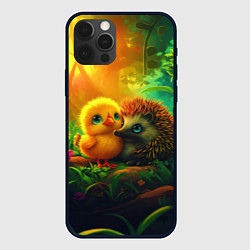 Чехол для iPhone 12 Pro Милые ежик с цыпленком в лесу, цвет: 3D-черный