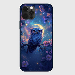 Чехол для iPhone 12 Pro Сова и фиолетовые цветы, цвет: 3D-черный
