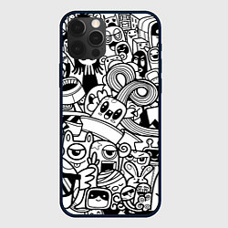 Чехол для iPhone 12 Pro Black and white doddle monsters, цвет: 3D-черный