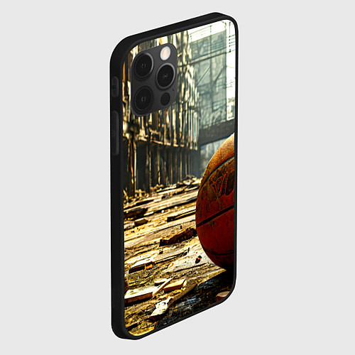 Чехол iPhone 12 Pro Баскетбольный мяч и город постапокалипсиса / 3D-Черный – фото 2