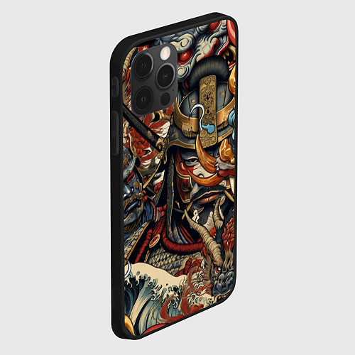 Чехол iPhone 12 Pro Дракон и самурай в стиле татуировки ирезуми / 3D-Черный – фото 2