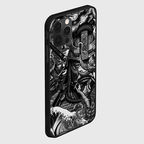 Чехол iPhone 12 Pro Самурай и дракон в стиле татуировки ирезуми / 3D-Черный – фото 2