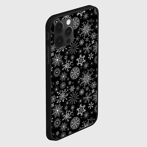Чехол iPhone 12 Pro Белые снежинки на черном / 3D-Черный – фото 2