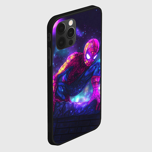 Чехол iPhone 12 Pro Человек-паук неоновый свет / 3D-Черный – фото 2