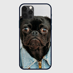 Чехол для iPhone 12 Pro Мопс в джинсовке - голова групно, цвет: 3D-черный