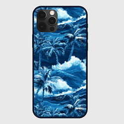 Чехол для iPhone 12 Pro Пальмы и волны - голубые оттенки паттерн, цвет: 3D-черный