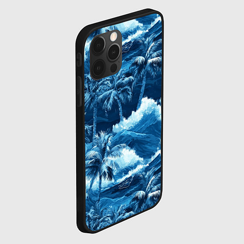 Чехол iPhone 12 Pro Пальмы и волны - голубые оттенки паттерн / 3D-Черный – фото 2