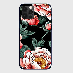 Чехол для iPhone 12 Pro Пионы винтажный узор, цвет: 3D-черный