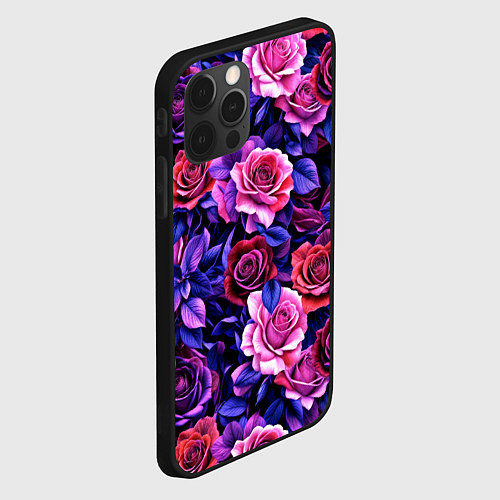 Чехол iPhone 12 Pro Разноцветные цветы - синие розы паттерн / 3D-Черный – фото 2