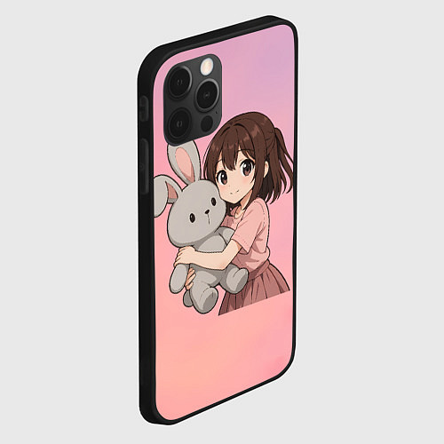 Чехол iPhone 12 Pro Девочка обнимает зайцика в аниме / 3D-Черный – фото 2