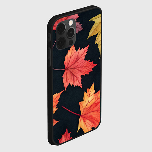 Чехол iPhone 12 Pro Кленовые листья на черном - акварельный паттерн / 3D-Черный – фото 2
