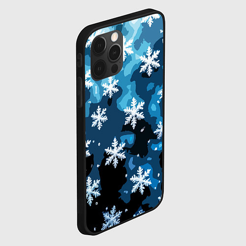 Чехол iPhone 12 Pro Стилизованный паттерн со снежинками тёмно-синий / 3D-Черный – фото 2