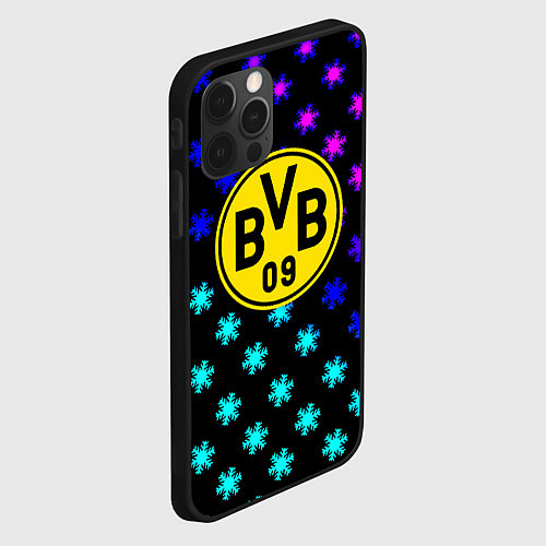 Чехол iPhone 12 Pro Borussia неоновые снежинки / 3D-Черный – фото 2