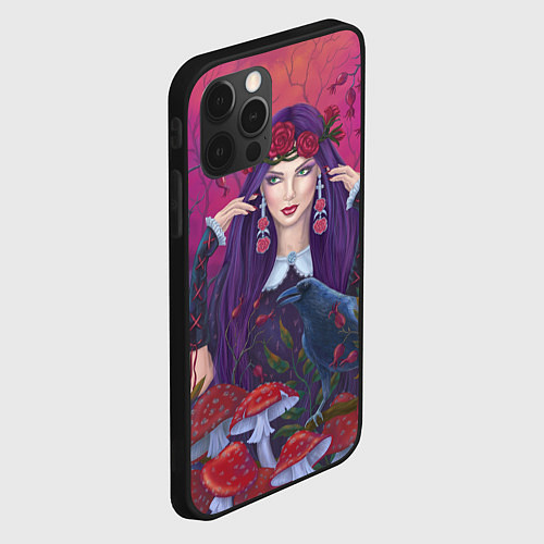 Чехол iPhone 12 Pro Ведьма готическая и ворон в грибах / 3D-Черный – фото 2