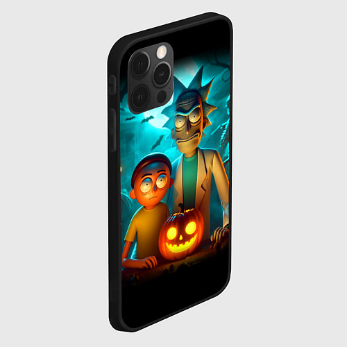 Чехол iPhone 12 Pro Morty and Rick with pumpkin - neon halloween / 3D-Черный – фото 2