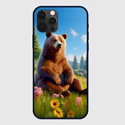 Чехол для iPhone 12 Pro Русский мишка сидит на траве, цвет: 3D-черный