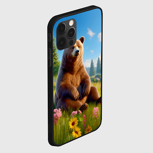 Чехол iPhone 12 Pro Русский мишка сидит на траве / 3D-Черный – фото 2