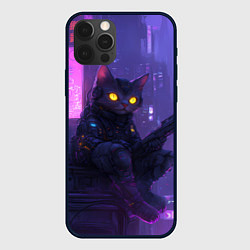 Чехол для iPhone 12 Pro Кот в стиле киберпанк сидит на крыше, цвет: 3D-черный