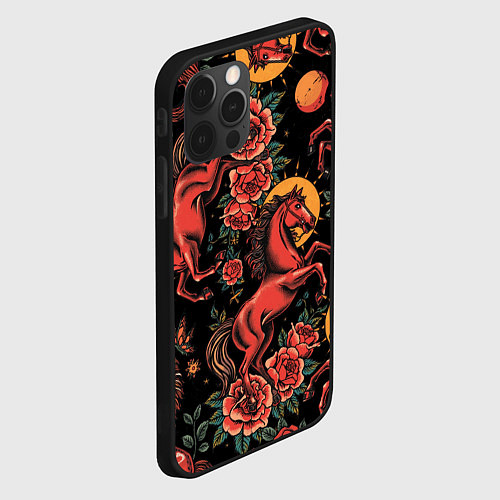 Чехол iPhone 12 Pro Красная лошадь с розами / 3D-Черный – фото 2