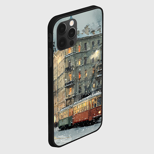 Чехол iPhone 12 Pro Трамваи в зимнем Санкт-Петербурге / 3D-Черный – фото 2