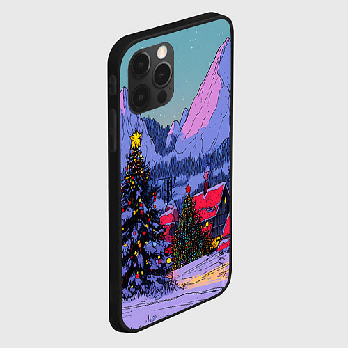 Чехол iPhone 12 Pro Новогодние елки в горном городке / 3D-Черный – фото 2