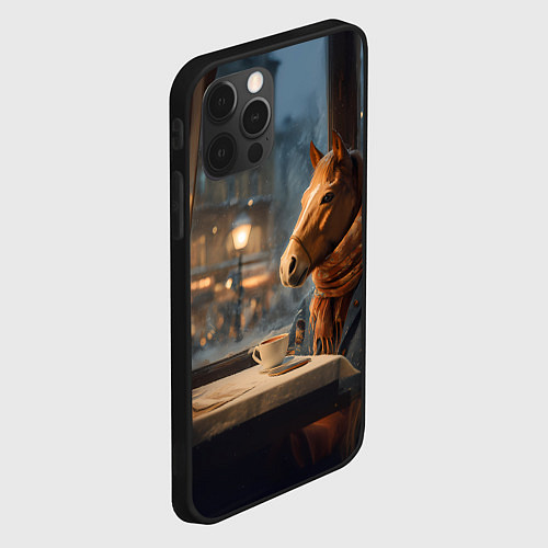 Чехол iPhone 12 Pro Лошадь в кафе ищет новогоднее настроение / 3D-Черный – фото 2