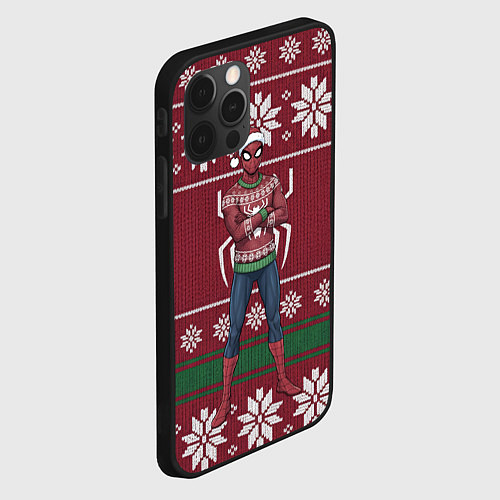 Чехол iPhone 12 Pro Человек паук в вязаном свитере - новый год / 3D-Черный – фото 2