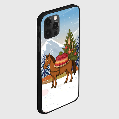 Чехол iPhone 12 Pro Лошадь с салатом Под шубой / 3D-Черный – фото 2
