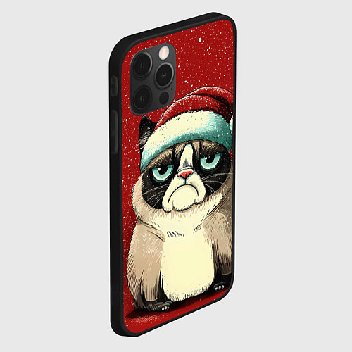 Чехол iPhone 12 Pro Грустный Новогодний мем котик / 3D-Черный – фото 2
