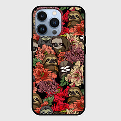 Чехол для iPhone 13 Pro Ленивец & Цветочки, цвет: 3D-черный