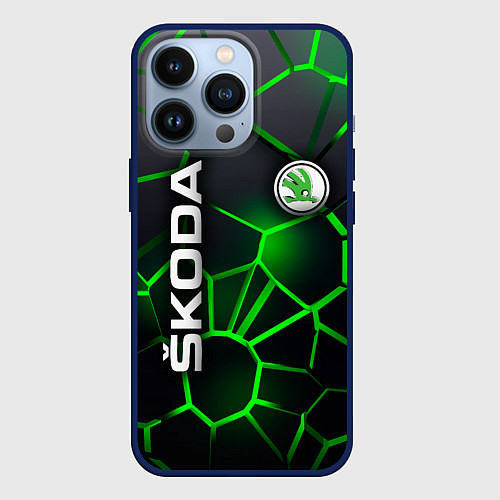Чехол iPhone 13 Pro 3D плиты с подсветкой Шкода / 3D-Тёмно-синий – фото 1