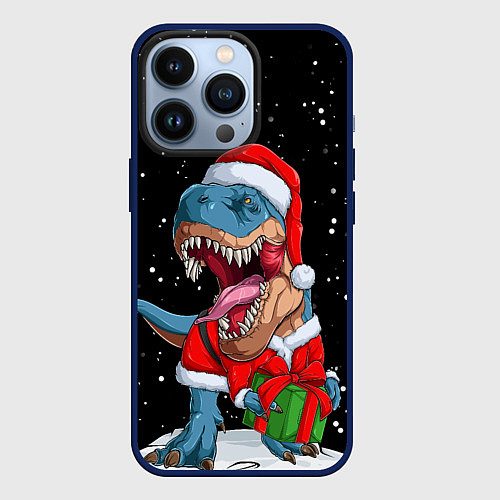 Чехол iPhone 13 Pro Новогодний Динозавр / 3D-Тёмно-синий – фото 1