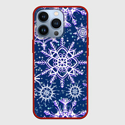 Чехол для iPhone 13 Pro Белые снежинки на темно-синем фоне, цвет: 3D-красный