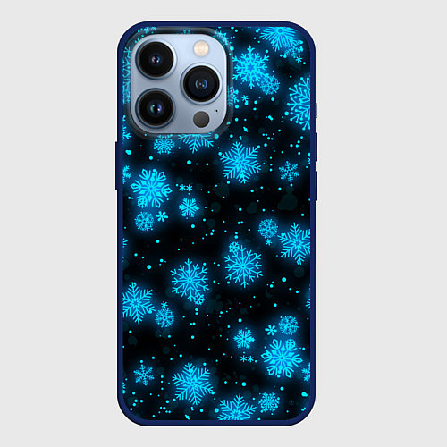 Чехол iPhone 13 Pro НОВОГОДНИЕ НЕОНОВЫЕ СНЕЖИНКИ 2022 НОВЫЙ ГОД / 3D-Тёмно-синий – фото 1