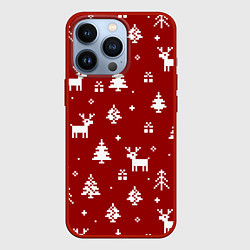 Чехол для iPhone 13 Pro Новогодние олени и елки на красном фоне, цвет: 3D-красный