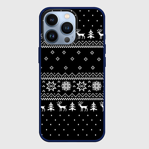 Чехол iPhone 13 Pro ЧЁРНЫЙ НОВОГОДНИЙ СВИТЕР С ОЛЕНЯМИ 2022 / 3D-Тёмно-синий – фото 1