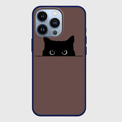 Чехол для iPhone 13 Pro Черная кошка выглядывает из укрытия, цвет: 3D-тёмно-синий